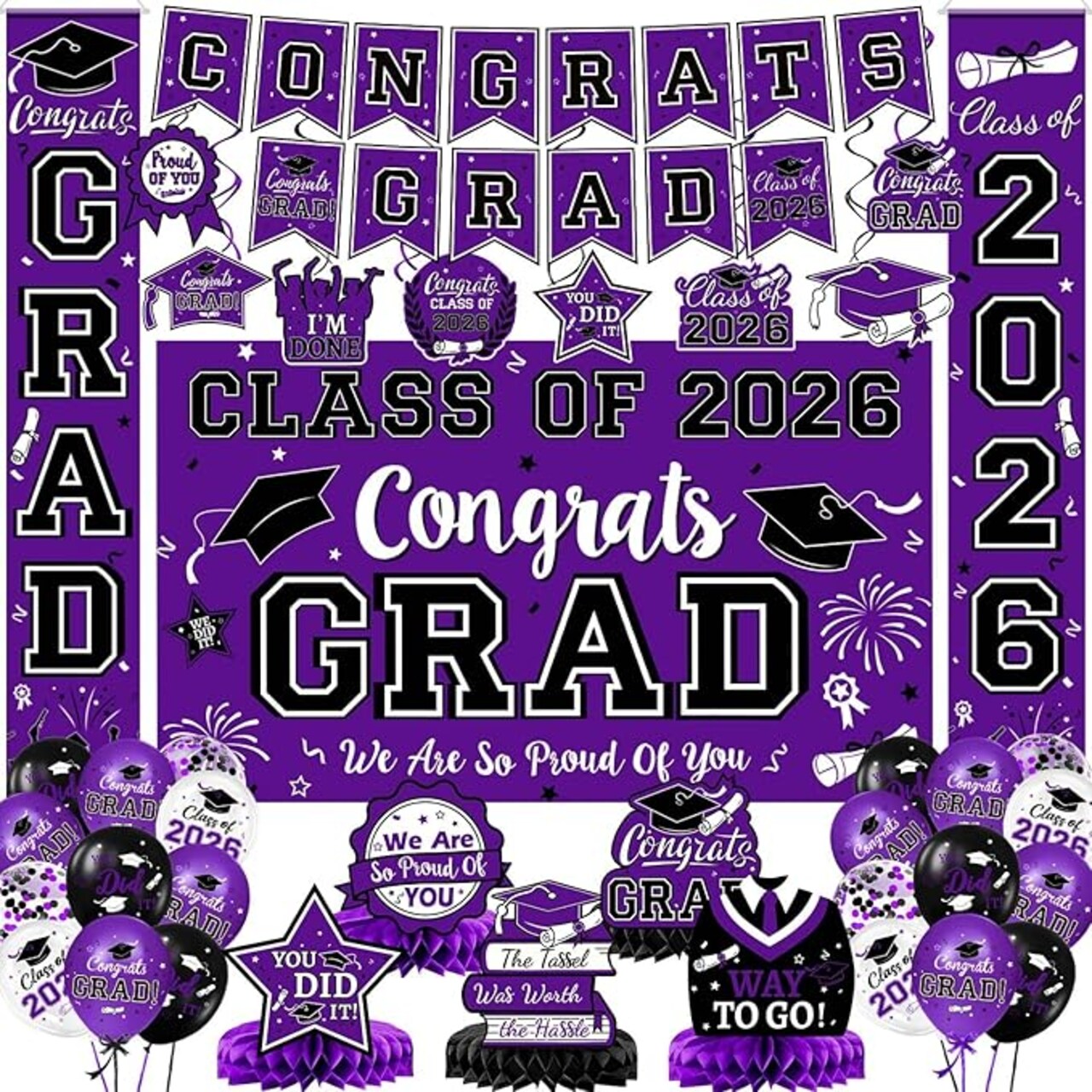 Class of 2026 Graduation Decorations Kit - Purple and Gold Congrats Grad Banner Set with Backdrop, Porch Signs, Hanging Swirls, Honeycomb Centerpieces, and Balloons - Complete Graduation Party Supplies